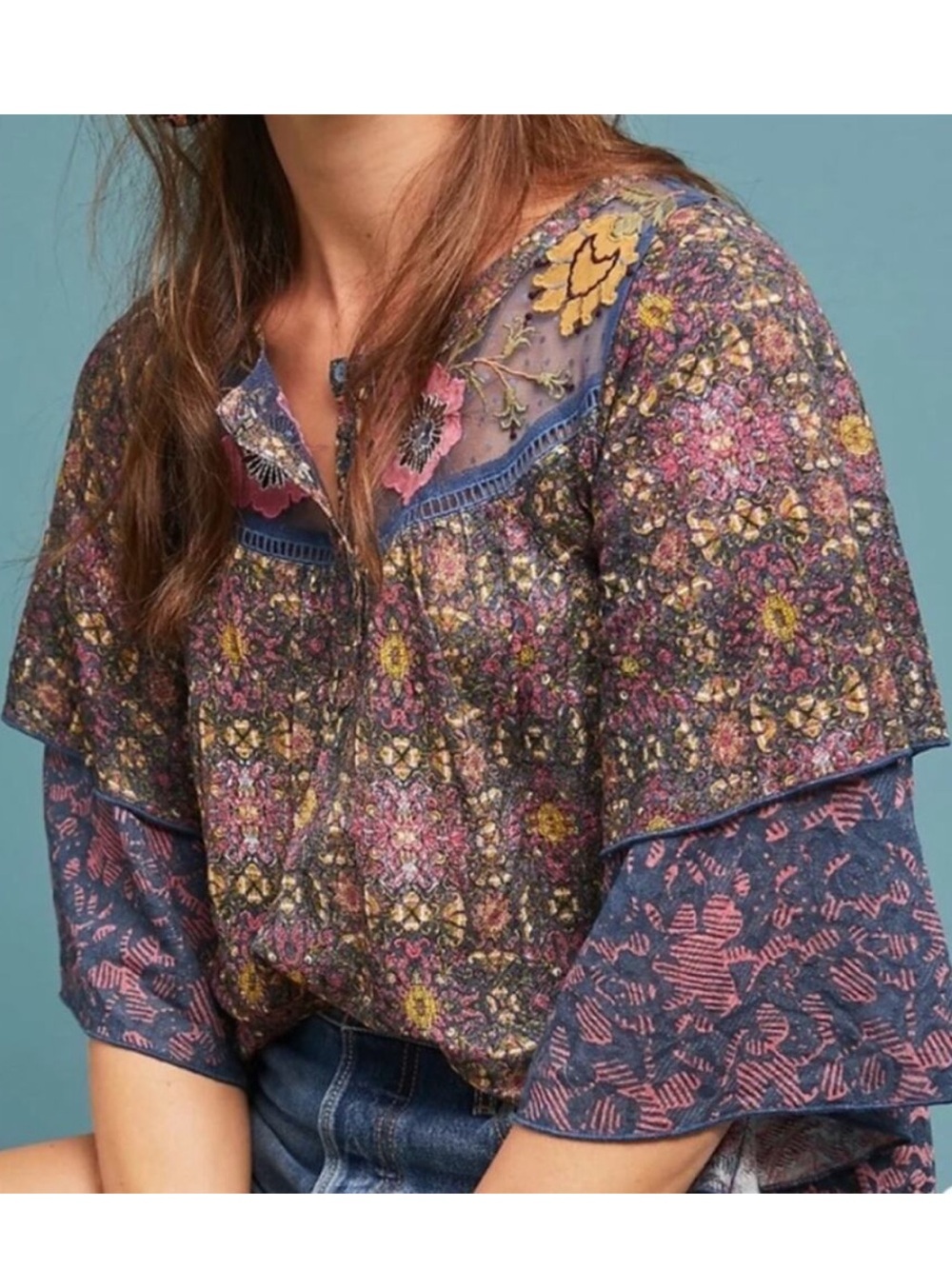 Anthropologie Postmark Ciutadella floral embroidered swing blouse. SMALL